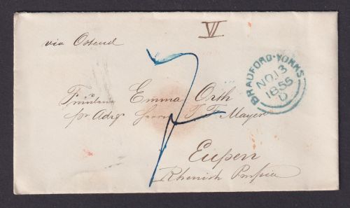 Großbritannien Brief Bradford Yorks via Osende n. Eupen rote K1 RL 1855 + roter