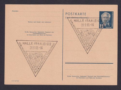 DDR Ganzsache Pieck P 51 A 01 Antwort mit tollem SST Halle Sowjetunion Neuerer