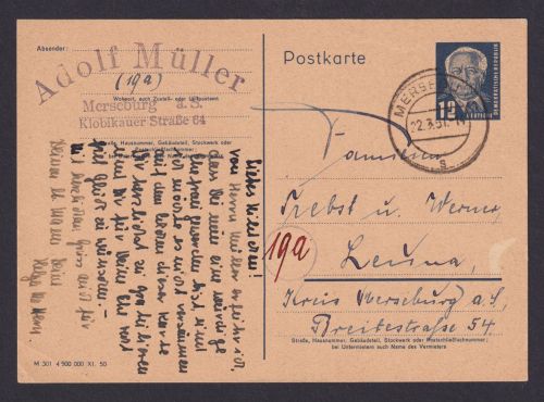 DDR Ganzsache Pieck P 48 02 Merseburg nach Leuna 22.3.1951
