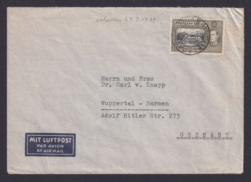 Trinidad & Tobago R Brief King Georg V Karibik Wuppertal Barmen 30.6.1939