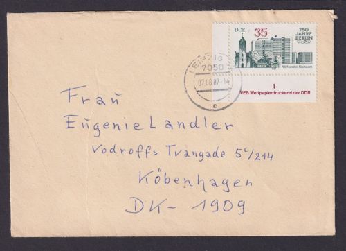 Briefmarken Bogenecke Eckrand DDR Brief mit Druckereiangabe Leipzuig Kopenhagen