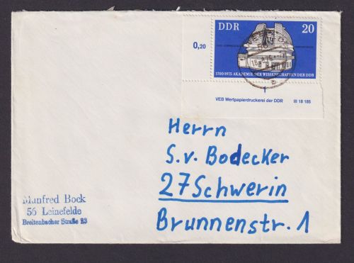 Briefmarken Druckvermerk Bogenecke Eckrand DDR Brief EF 2062 Akademie