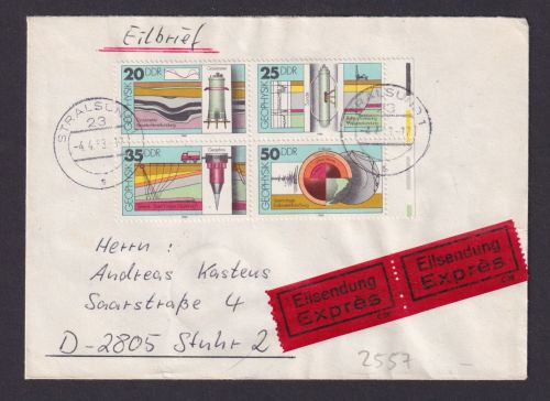 DDR Eilboten Brief 2557 Zusammendruck Viererblock Stralsund Stuhr Farbstreifen
