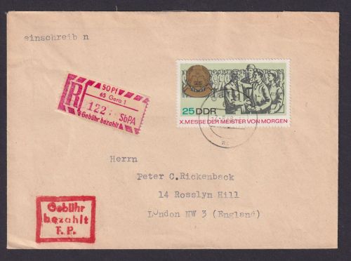 DDR Besonderheit R Brief Einschreibemarke 50 Pfg Gebühr bezahlt Gera London