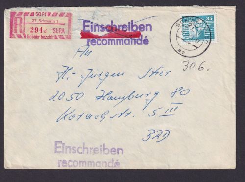 DDR Besonderheit R Brief Einschreibemarke 50 Pfg Gebühr bezahlt Schwerin Hamburg