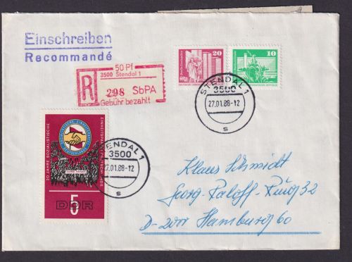 DDR Besonderheit R Brief Einschreibemarke 50 Pfg Gebühr bezahlt Stendahl Hamburg