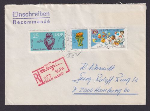 DDR Besonderheit R Brief Einschreibemarke 50 Pfg. Gebühr bezahlt Bautzen Hamburg