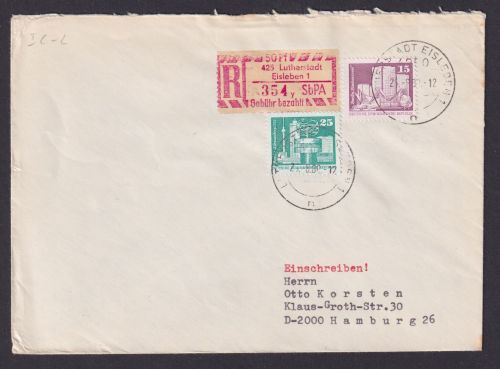 DDR Brief Einschreibemarke 50Pf Lutherstadt Eisleben SbPA plus Aufbau Hamburg