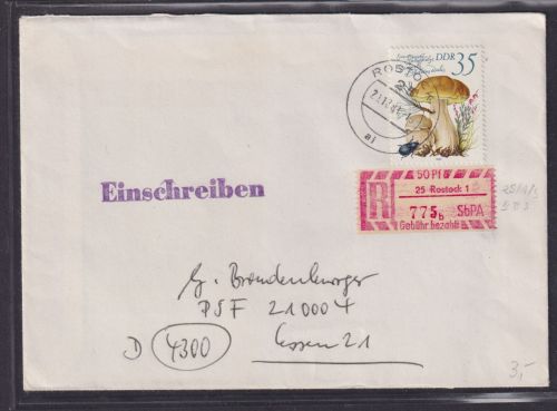 Sonder R-Zettel 50 Pfg. Gebühr bezahlt DDR R - Brief Rostock EF 35 Pfg plus Ein-