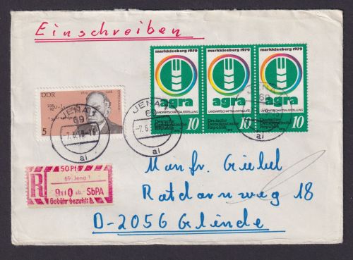DDR R Brief mit Einschreibezettel 50 Pfg. Gebühr bezahlt Jena SbPA Glinde Hamburg