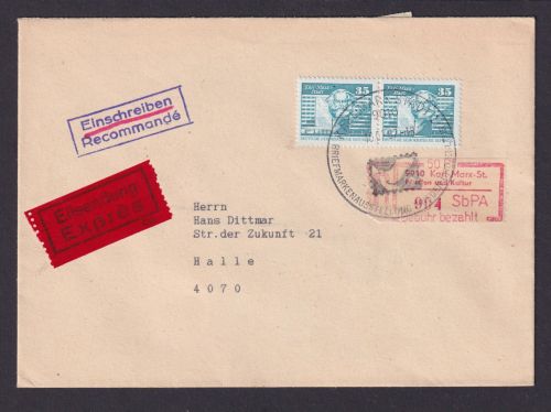 DDR Eilboten R Brief Sonder Einschreibemarke 50 Pfg. Karl Marx Stadt Frieden und