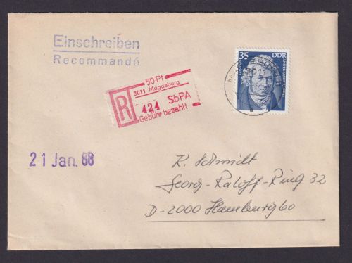 Briefmarken DDR R Brief Einschreibemarke Magdeburg 50 Pfg. + ZuF 35 Pfg. Hamburg