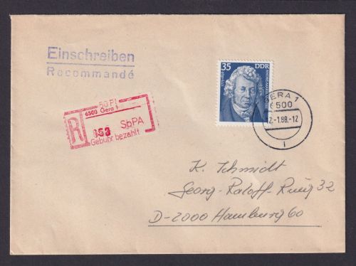 Briefmarken DDR R Brief Einschreibemarke Gera 50 Pfg. + ZuF 35 Pfg. n Hamburg