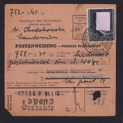 Besetzung Polen Generalgouvernement Postanweisung Karte Sandomierz n Czestochowa