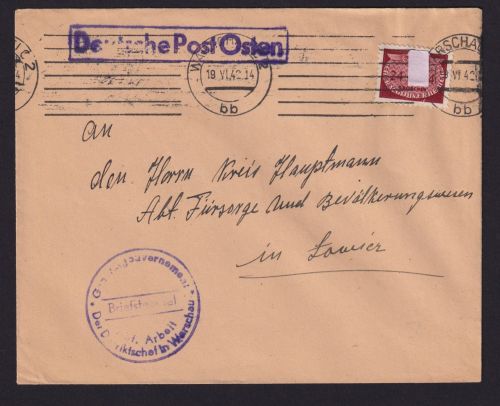 Besetzung Polen Generalgouvernement Brief Diesnt EF 6 Warschau n. Lowicz
