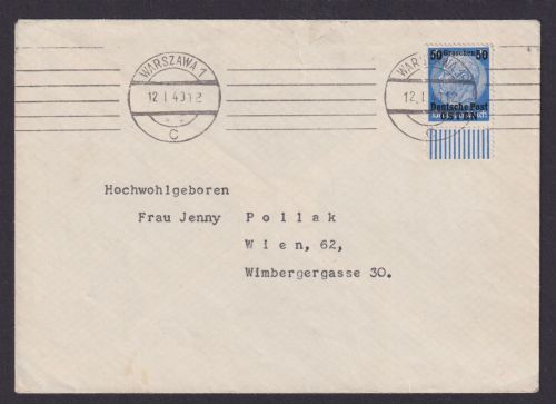 Besetzung Polen Generalgouvernement Brief EF 50 Gr. UR Warszawa Warschau n. Wien