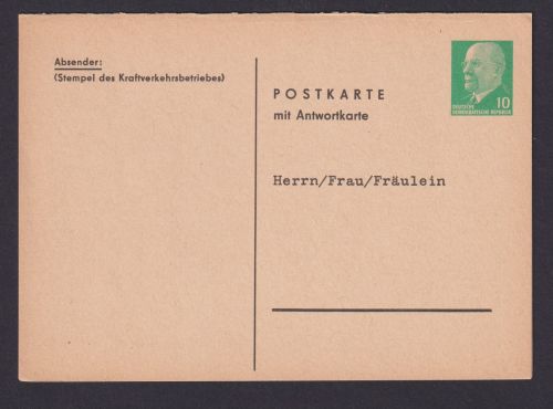 Briefmarken DDR Privatganzsache 10 Pfg. Ulbricht Kraftverkehrsbetrieb