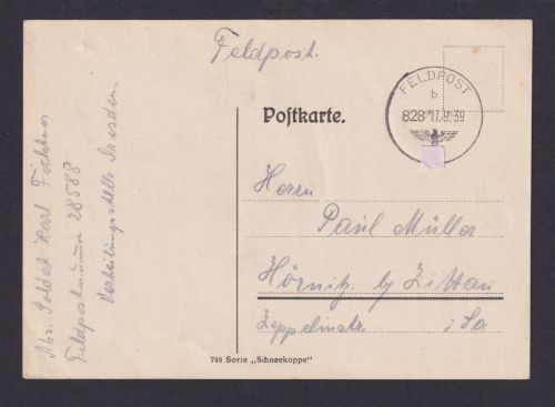 Besetzung Polen Generalgouvernement Postkarte Feldpost Nr. 828 Hörnitz Zittau