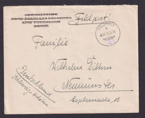 Besetzung Polen Generalgouvernement Feldpost Brief K1 401 Hamburg Neumünster
