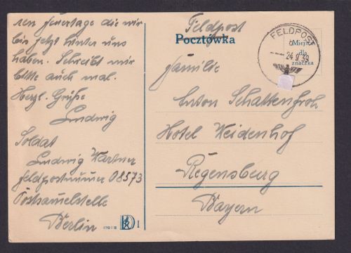 Besetzung Polen Generalgouvernement Postkarte mit stummen Feldpost K1 Regensburg