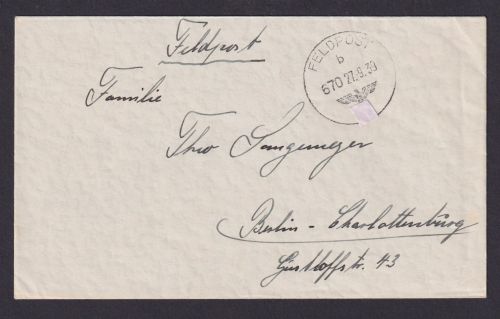 Besetzung Polen Generalgouvernement Feldpost Brief 670 Feldpost Nr. 39406 Berlin