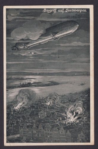 Flugpost air mail Zeppelin Ansichtskarte Angriff auf Antwerpen Luftschiff