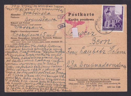 Besetzung Polen Generalgouvernement Zensur Postkarte Warschau Bern Schweiz