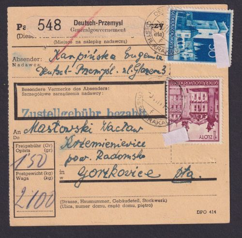Besetzung Polen Generalgouvernement Paketkarte Zustell Bescheinigung Corzkowice