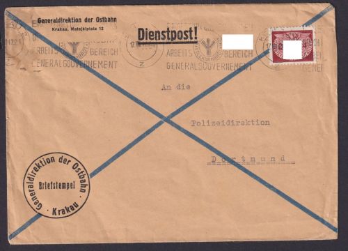 Bahnpost Besetzung Polen Generalgouvernement Brief Dienstpost Krakau Dortmund