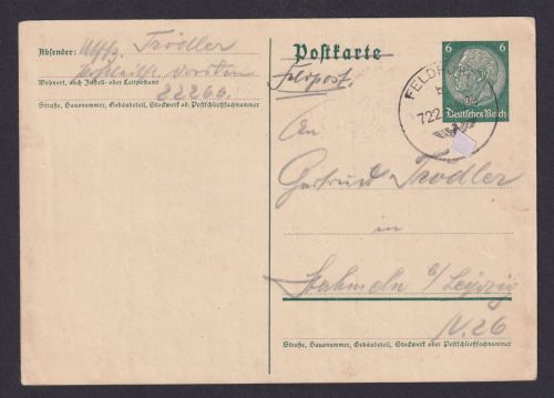 Besetzung Polen Generalgouvernement Hindenburg Ganzsache Feldpost 722 Leipzig