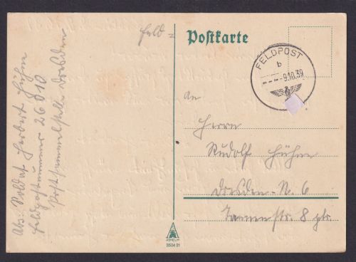 Besetzung Polen Generalgouvernement Postkarte stummer Feldpost K1 9.10.1939