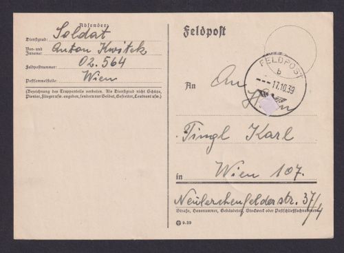 Besetzung Polen Generalgouvernement Feldpost Postkarte Wien Feldpostnummer 02564