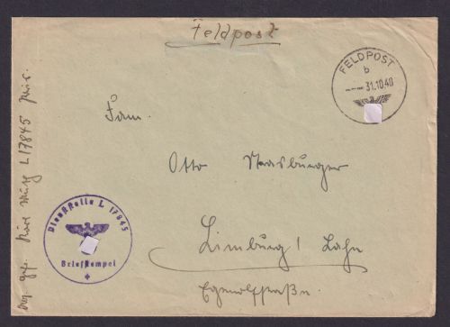 Besetzung Polen Generalgouvernement Feldpost Brief Feldpostnummer L17845 Limburg