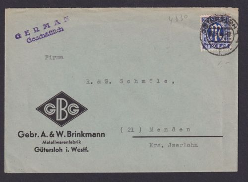 Alliierte Besetzung Bizone EF 25 Pfg. AM Post Brief Gütersloh Westfalen Menden