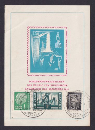 Saarland gutes Gedenkblatt Deutsche Bundespost Saarmesse Saarbrücken 08.05.1957