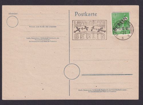 Berlin Alliierte Besetzung EF Schwarzaufdruck Postkarte SSt Luftbrücke