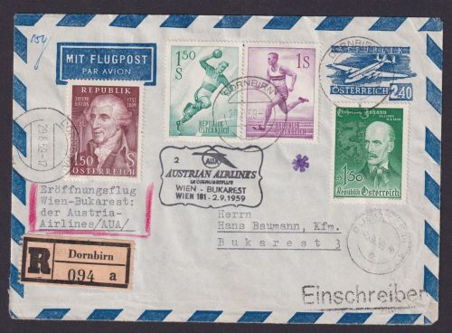 Flugpost Österreich Ganzsache AUA Eröffnung Einschreiben Dornbirn ZUF Sport