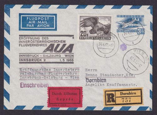 Flugpost Österreich Brief Ganzsache AUA Eröffnung Eilboten Einschreiben Dornbirn