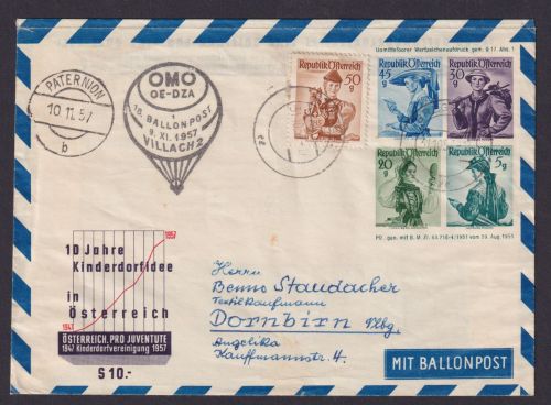 Flugpost Ballonpost Österreich Ganzsache 4 WST Trachten + ZuF OMO OE-DZA Bregenz