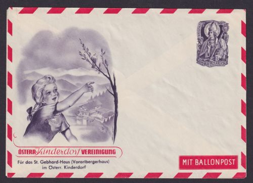 Ballonpost Österreich Ganzsache Kinderdorf Vereinigung St. Gebbhard-Haus