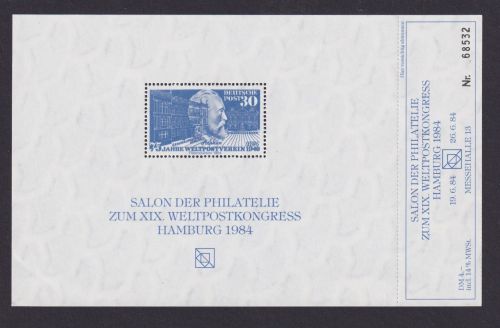 Bund Stephan UPU wie 116 Hamburg Philatelie Eintrittskarte XIX. Weltpostkongress