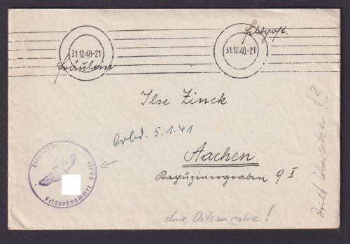 Deutsches Reich Feldpostbrief stummer Stempel nach Aachen 31.12.1940