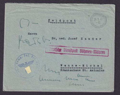 Böhmen Mähren Besetzung II.Weltkrieg Dienstpost Brief Prag Wanne Eickel Feldpost