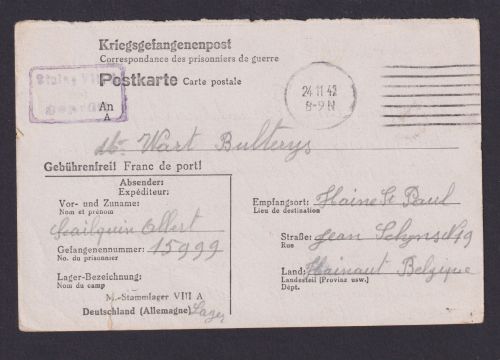 Kriegsgefangenenpost ab Deutschland Gefangenennr. 15999 STALAG Hainaut Belgien
