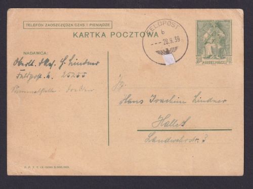 Generalgouvernement Polen stummer Feldpost Stempel Ganzsache nach Halle Saale
