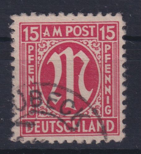 Bizone 8 AM-Post amerikanischer Druck 15 Pfg gestempelt Plattenfehler VII