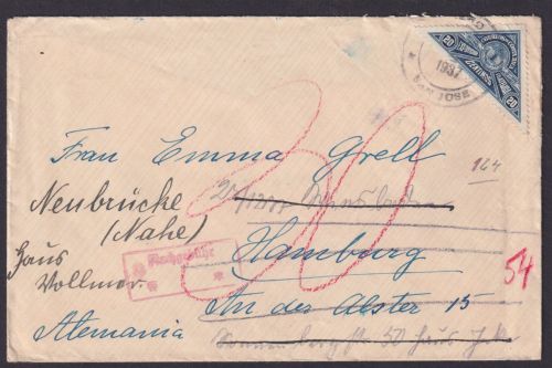 Costa Rica EF 20 Cent. San Jose Hamburg Nachgebühr nachgesandt Neubrücke Nahe