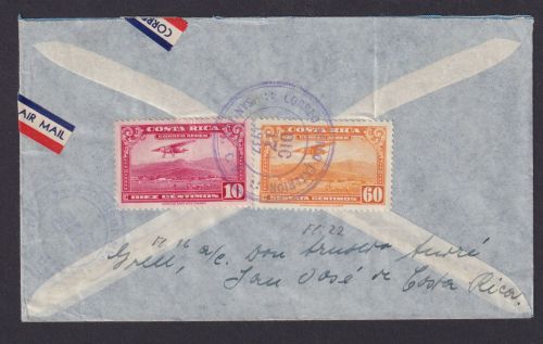 Flugpost Air mail Costa Rica Brief MIF 10+60 centimos Neubrücke Nahe Hoppstädten