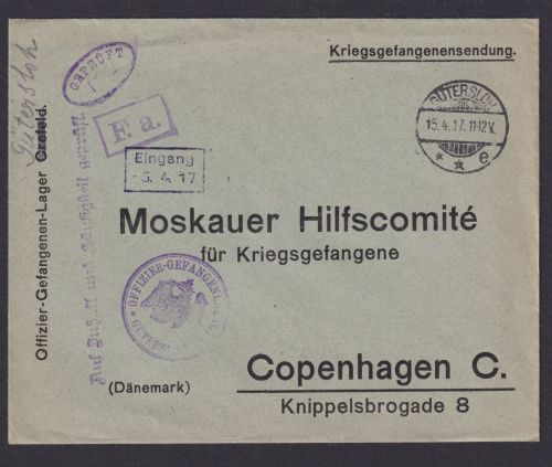 Kriegsgefangenen Brief Lager Crefeld korriegiert auf Gütersloh nach Kopenhagen