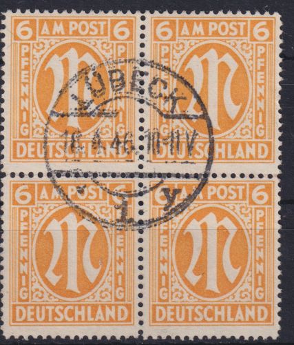 Bizone 13 Viererblock 6 Pfennig sauberer Vollstempel Lübeck 18.4.1946